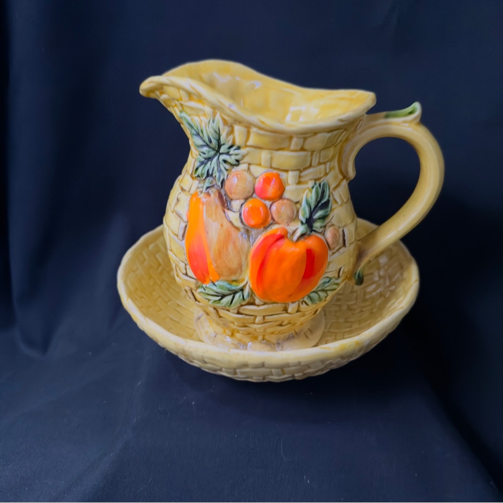 Vintage Lefton 60's Rustic Ceramic Basket Weave Water Jug & Bowl Fruits Foliage
